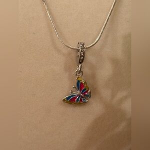 Fashion Jewelry Sterling Silver 925 18” Necklace With Colorful Butterfly Charm